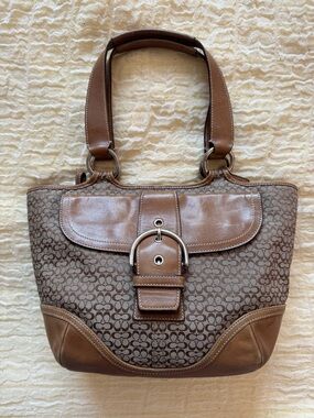 Vintage Coach Brown Signature Canvas Shoulder Bag with Leather Trim